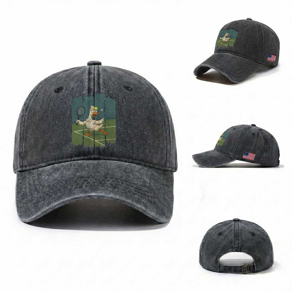 Silly Goose Playing Tennis Washed Cotton Baseball Cap Funny Bird Getting Hit By Ball