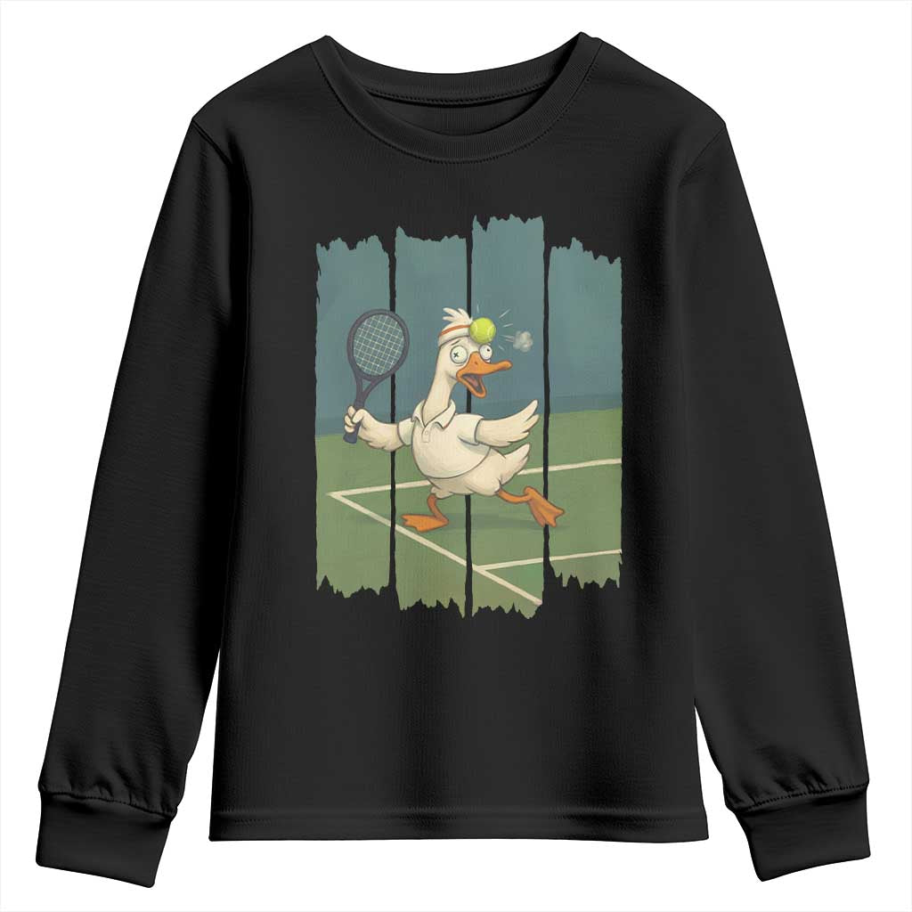 Silly Goose Playing Tennis Youth Sweatshirt Funny Bird Getting Hit By Ball - Wonder Print Shop