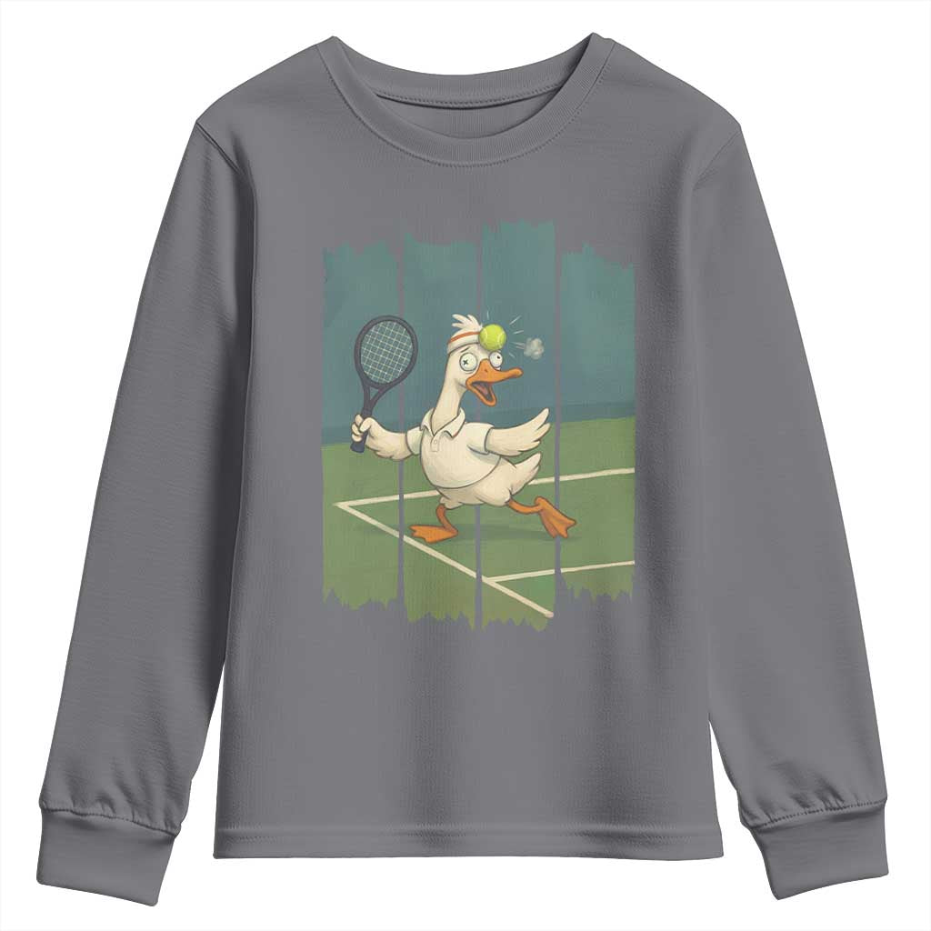 Silly Goose Playing Tennis Youth Sweatshirt Funny Bird Getting Hit By Ball - Wonder Print Shop