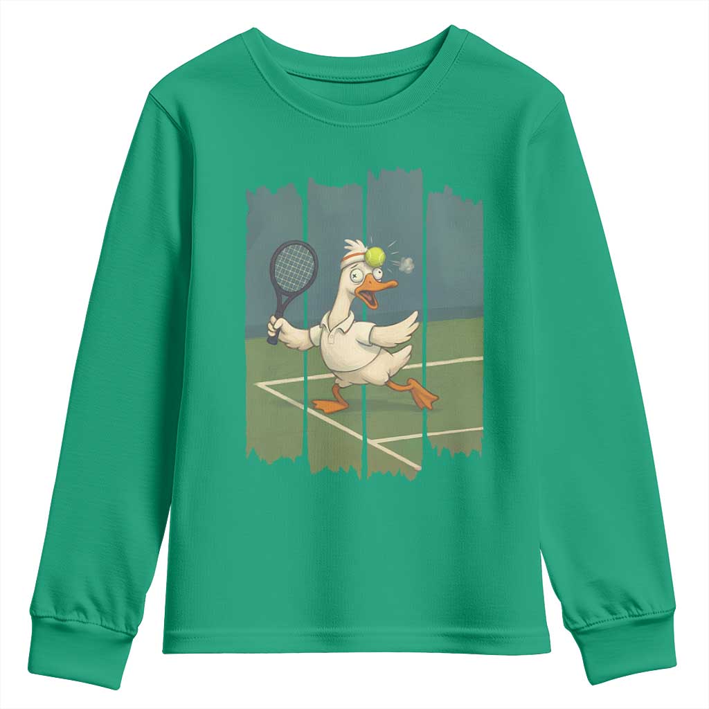 Silly Goose Playing Tennis Youth Sweatshirt Funny Bird Getting Hit By Ball - Wonder Print Shop