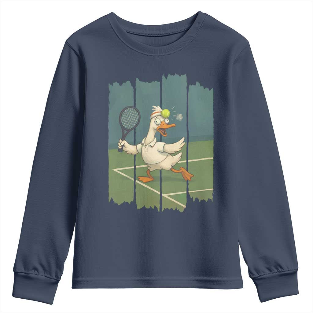Silly Goose Playing Tennis Youth Sweatshirt Funny Bird Getting Hit By Ball - Wonder Print Shop