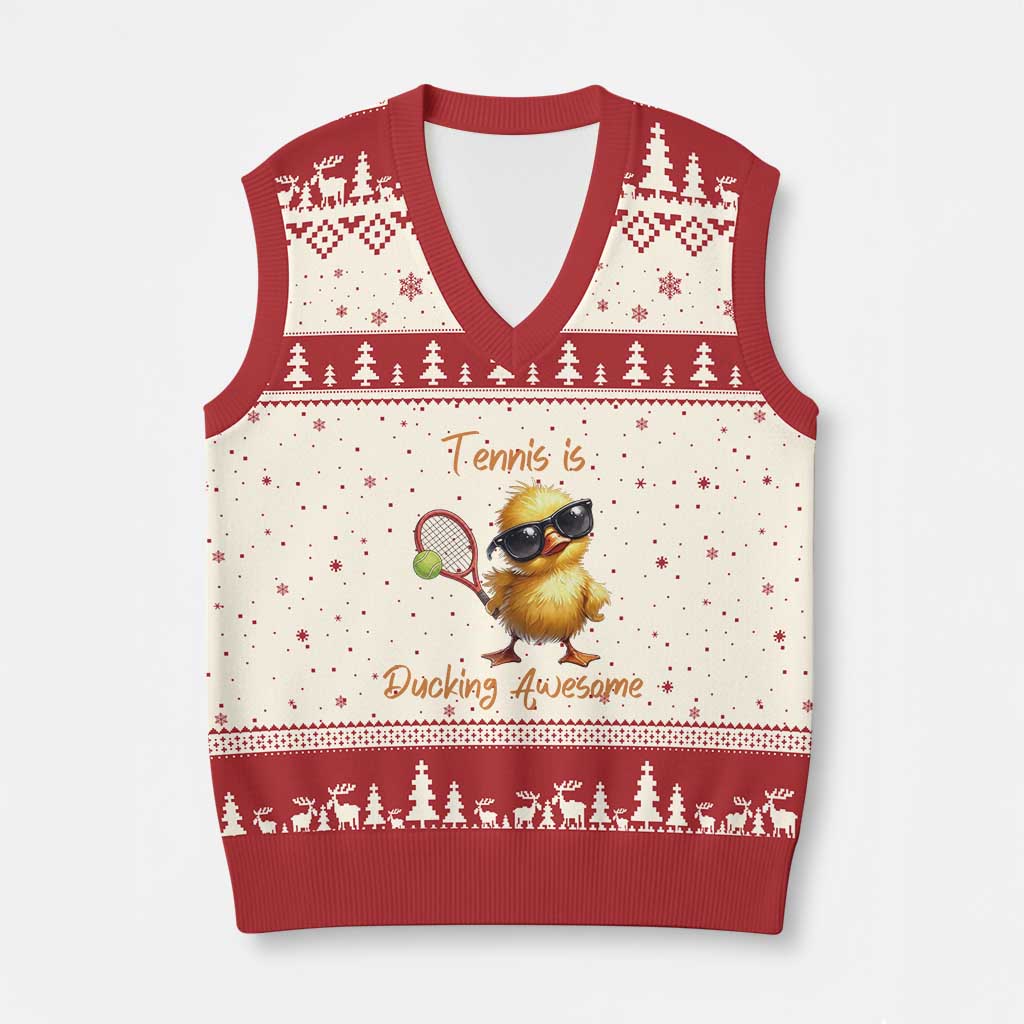 Funny Cute Duck Playing Tennis V-Neck Knit Sweater Vest Ducking Awesome - Wonder Print Shop
