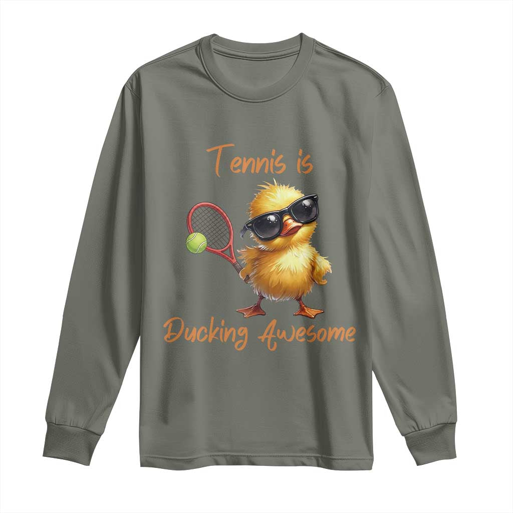 Funny Cute Duck Playing Tennis Long Sleeve Shirt Ducking Awesome - Wonder Print Shop