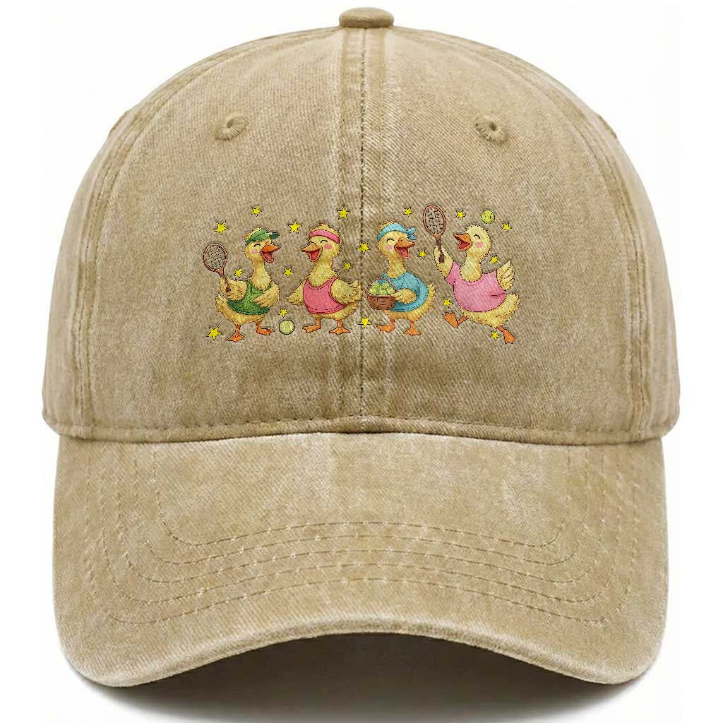 Funny Duck Playing Tennis Washed Cotton Baseball Cap Farm Animal Lover
