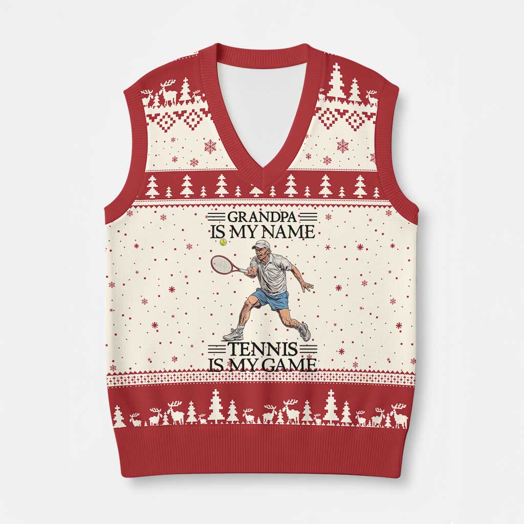 Grandpa Is My Name Tennis Is My Game V-Neck Knit Sweater Vest Funny Tennis Quote - Wonder Print Shop