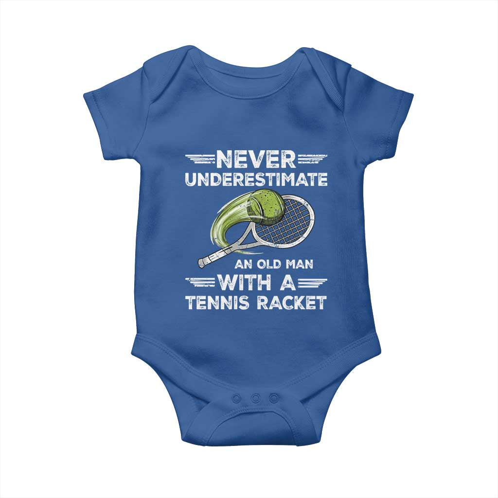 Never Underestimate An Old Man With A Tennis Racket Baby Onesie Funny Tennis Fan - Wonder Print Shop