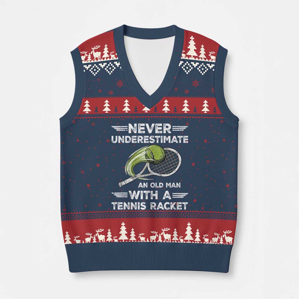 Never Underestimate An Old Man With A Tennis Racket V-Neck Knit Sweater Vest Funny Tennis Fan - Wonder Print Shop