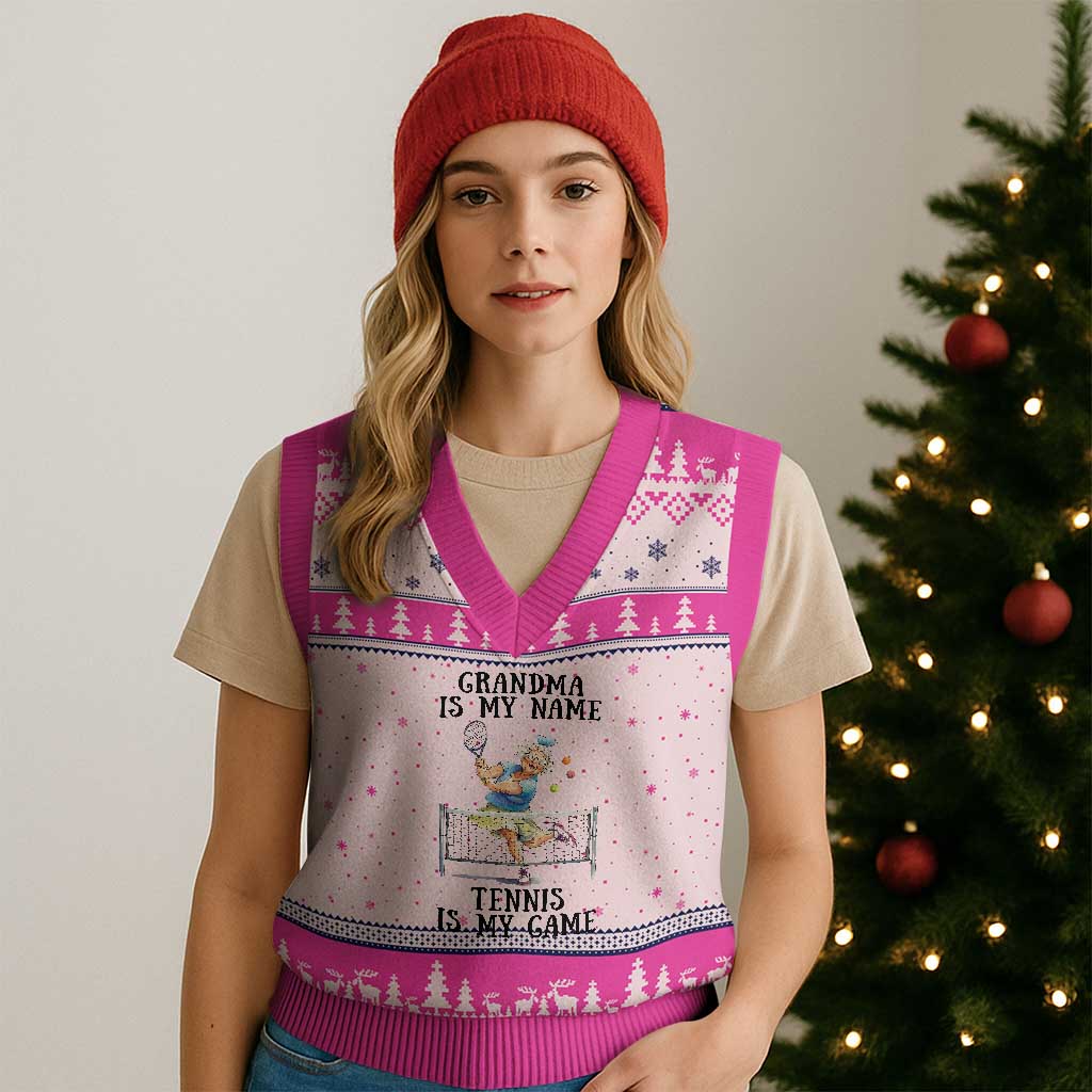 Funny Tennis Quote V-Neck Knit Sweater Vest Grandma Is My Name Tennis Is My Game - Wonder Print Shop