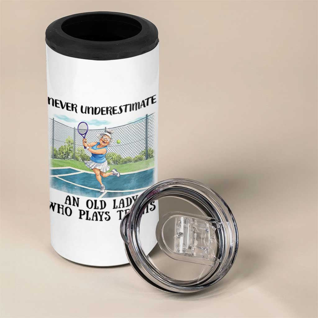 Funny Grandma Tennis Player Gift 4 in 1 Can Cooler Tumbler Never Underestimate An Old Lady - Wonder Print Shop