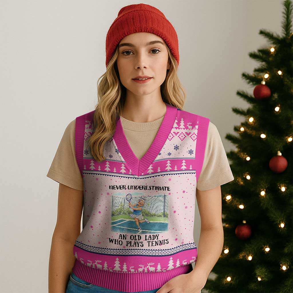 Funny Grandma Tennis Player Gift V-Neck Knit Sweater Vest Never Underestimate An Old Lady - Wonder Print Shop