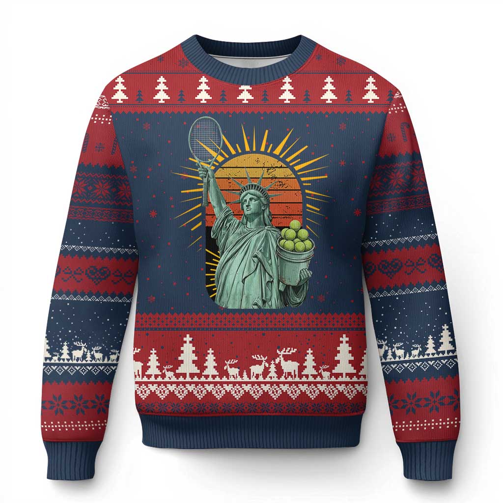 Funny Statue Of Liberty Tennis Player Ugly Christmas Sweater Patriotic Sports Lover - Wonder Print Shop