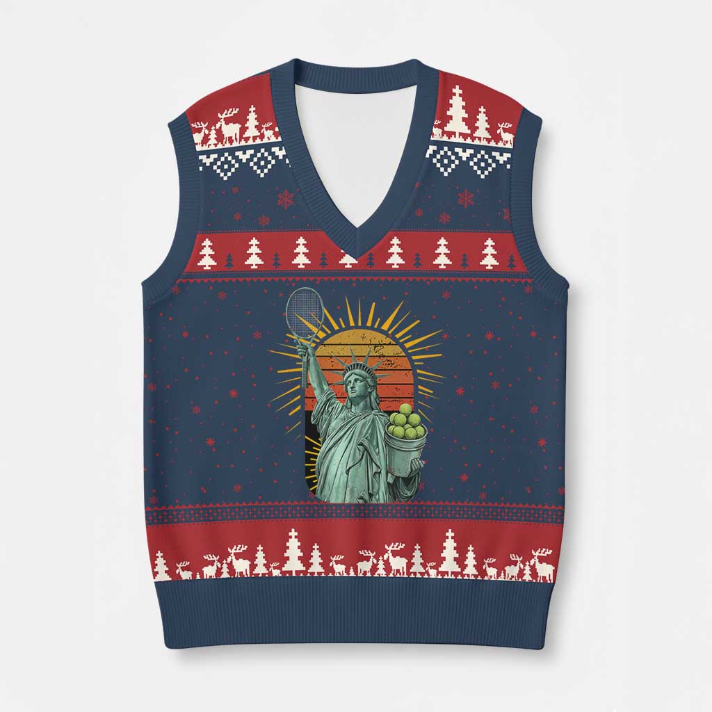 Funny Statue Of Liberty Tennis Player V-Neck Knit Sweater Vest Patriotic Sports Lover - Wonder Print Shop