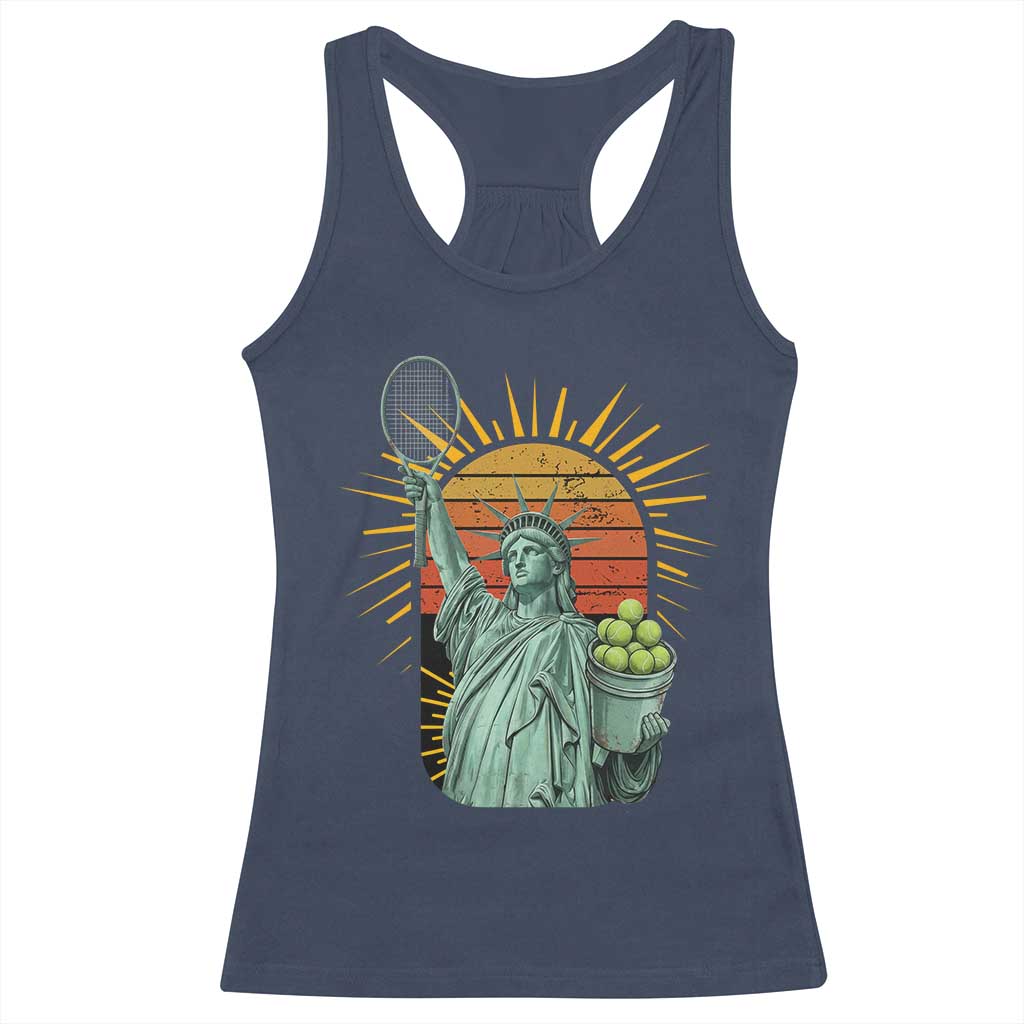 Funny Statue Of Liberty Tennis Player Racerback Tank Top Patriotic Sports Lover - Wonder Print Shop
