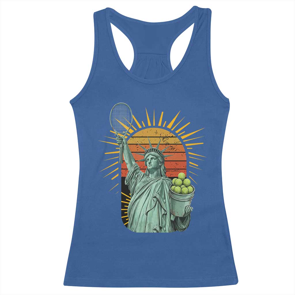Funny Statue Of Liberty Tennis Player Racerback Tank Top Patriotic Sports Lover - Wonder Print Shop