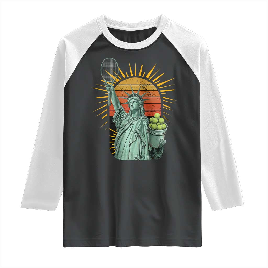 Funny Statue Of Liberty Tennis Player Raglan Shirt Patriotic Sports Lover - Wonder Print Shop