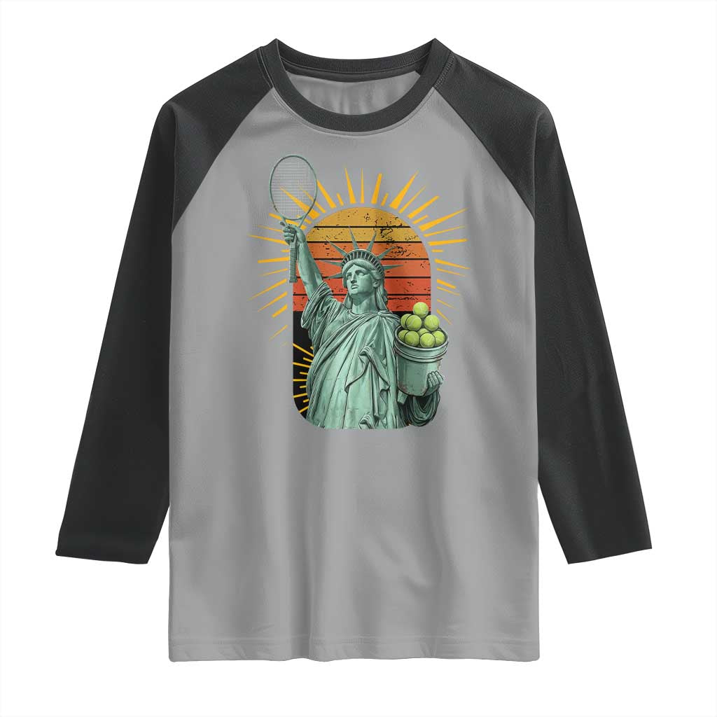 Funny Statue Of Liberty Tennis Player Raglan Shirt Patriotic Sports Lover - Wonder Print Shop