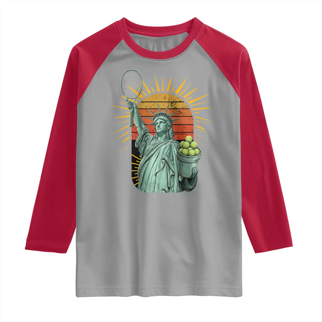 Funny Statue Of Liberty Tennis Player Raglan Shirt Patriotic Sports Lover - Wonder Print Shop