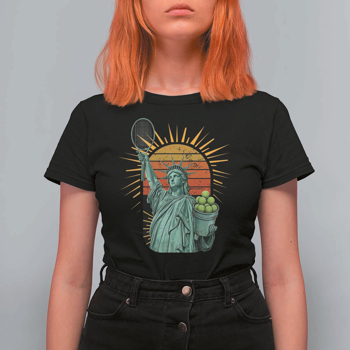 Funny Statue Of Liberty Tennis Player T Shirt For Women Patriotic Sports Lover - Wonder Print Shop