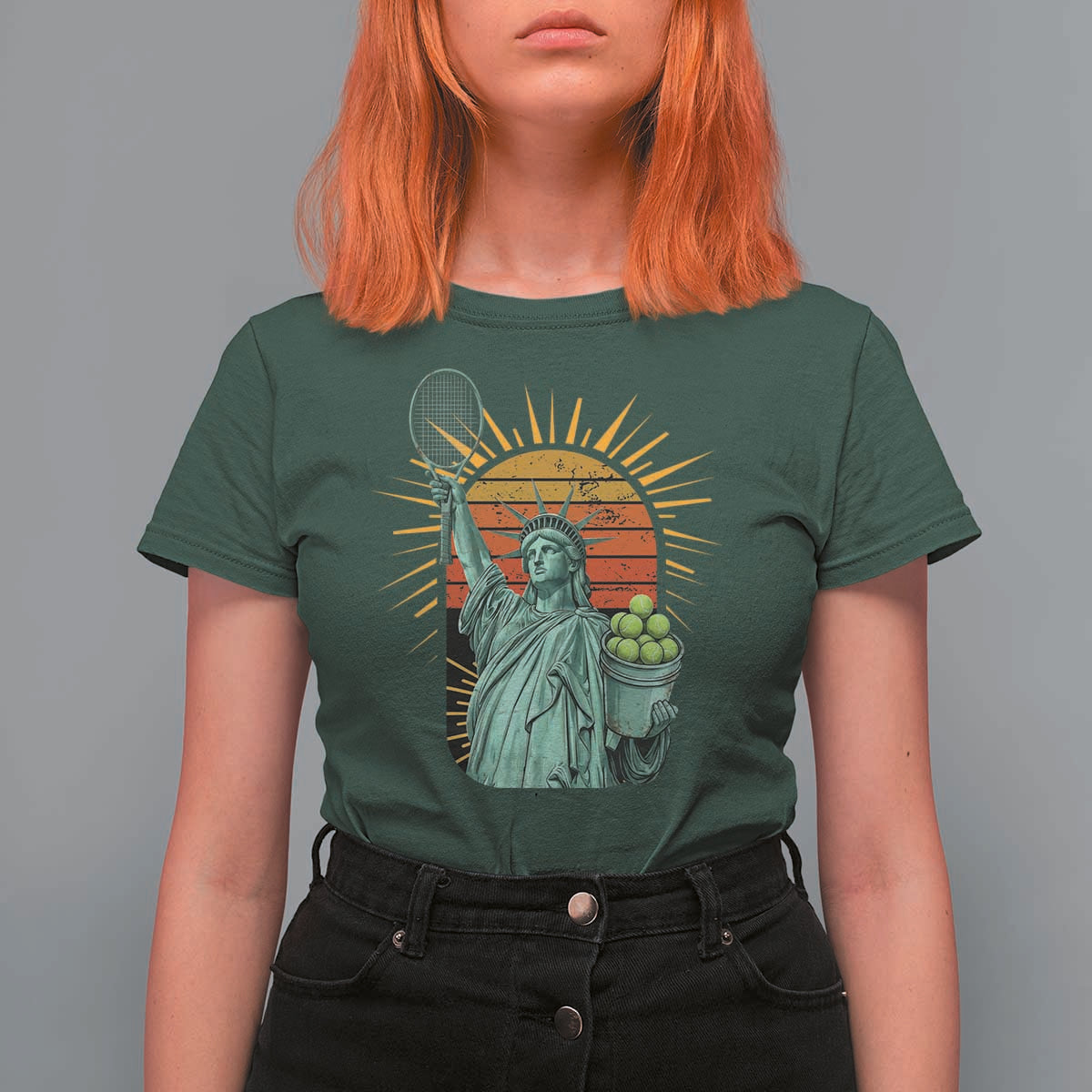 Funny Statue Of Liberty Tennis Player T Shirt For Women Patriotic Sports Lover - Wonder Print Shop