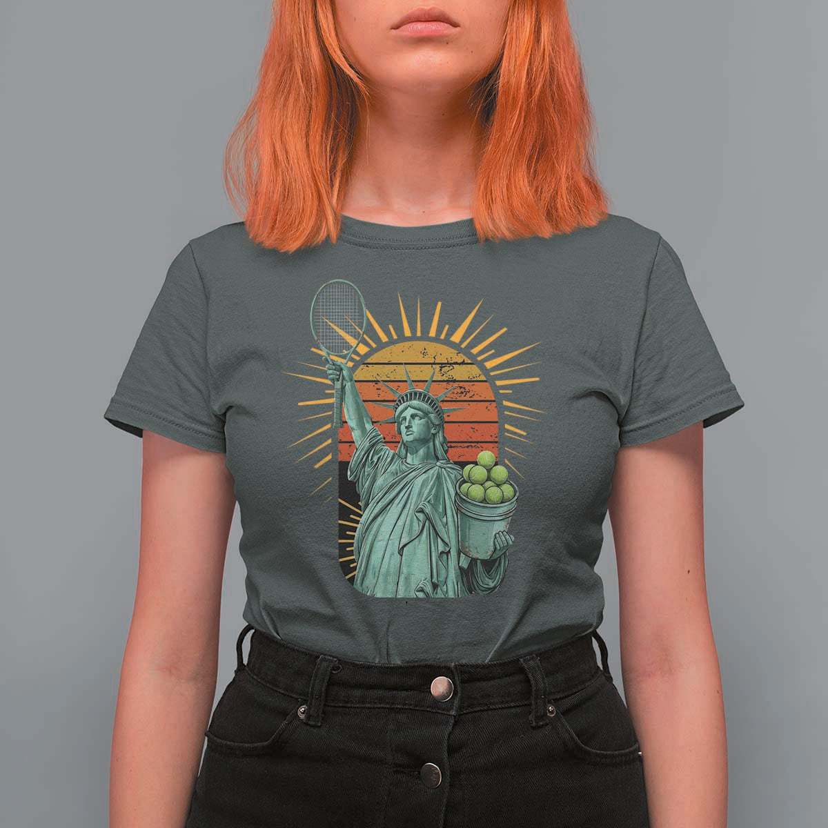 Funny Statue Of Liberty Tennis Player T Shirt For Women Patriotic Sports Lover - Wonder Print Shop