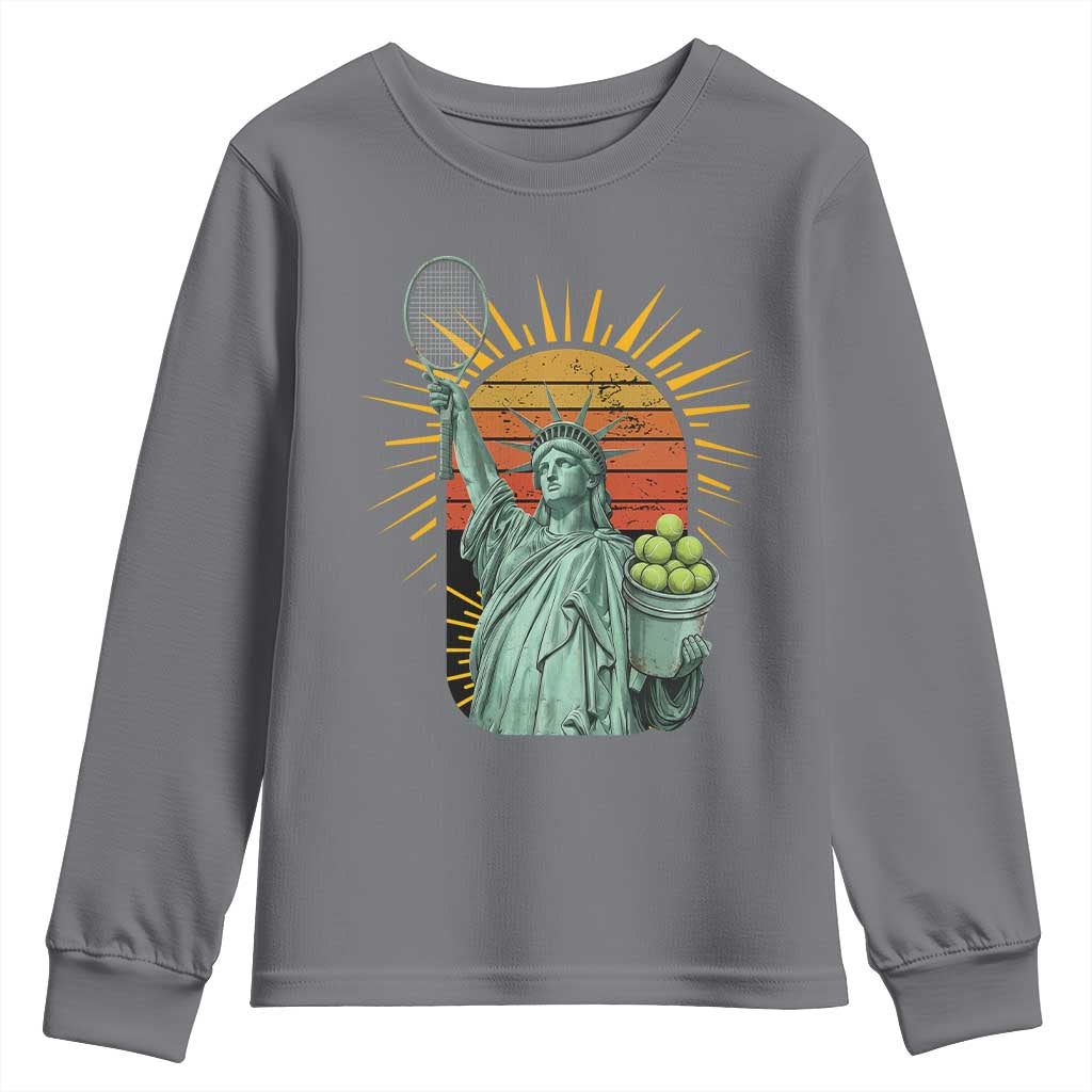 Funny Statue Of Liberty Tennis Player Youth Sweatshirt Patriotic Sports Lover - Wonder Print Shop