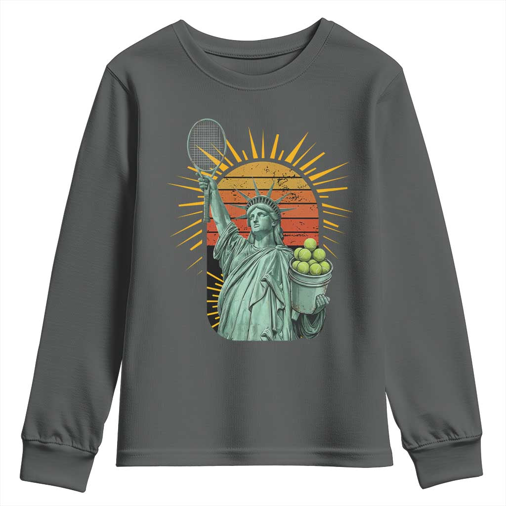 Funny Statue Of Liberty Tennis Player Youth Sweatshirt Patriotic Sports Lover - Wonder Print Shop