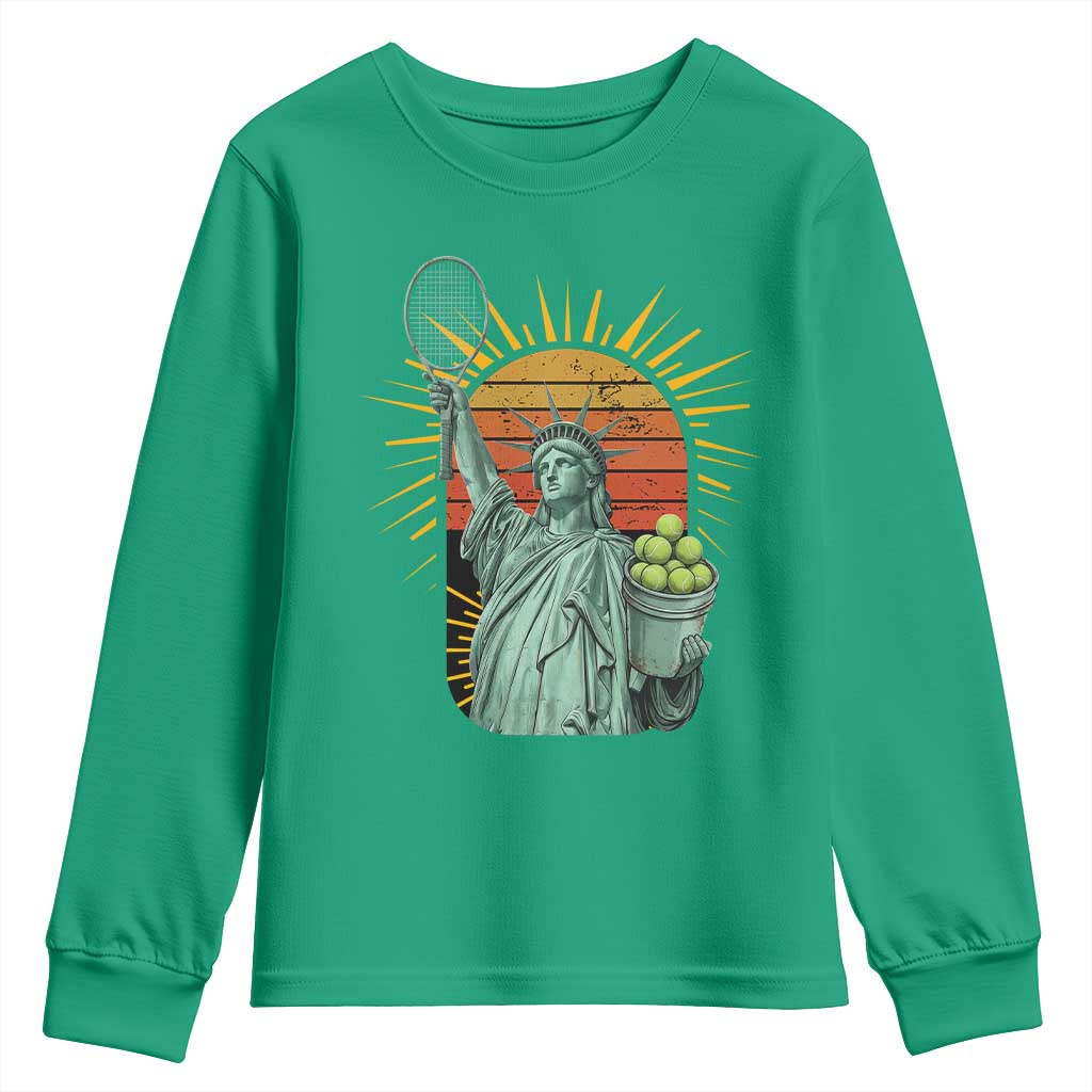 Funny Statue Of Liberty Tennis Player Youth Sweatshirt Patriotic Sports Lover - Wonder Print Shop
