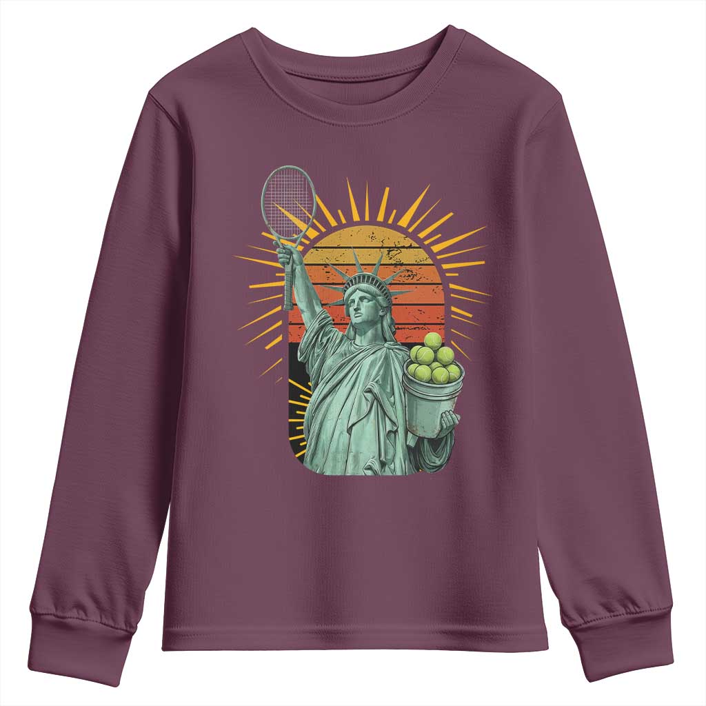 Funny Statue Of Liberty Tennis Player Youth Sweatshirt Patriotic Sports Lover - Wonder Print Shop