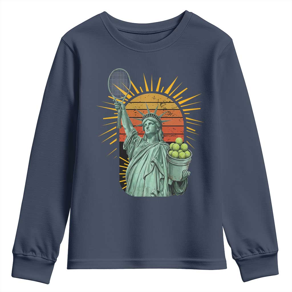 Funny Statue Of Liberty Tennis Player Youth Sweatshirt Patriotic Sports Lover - Wonder Print Shop