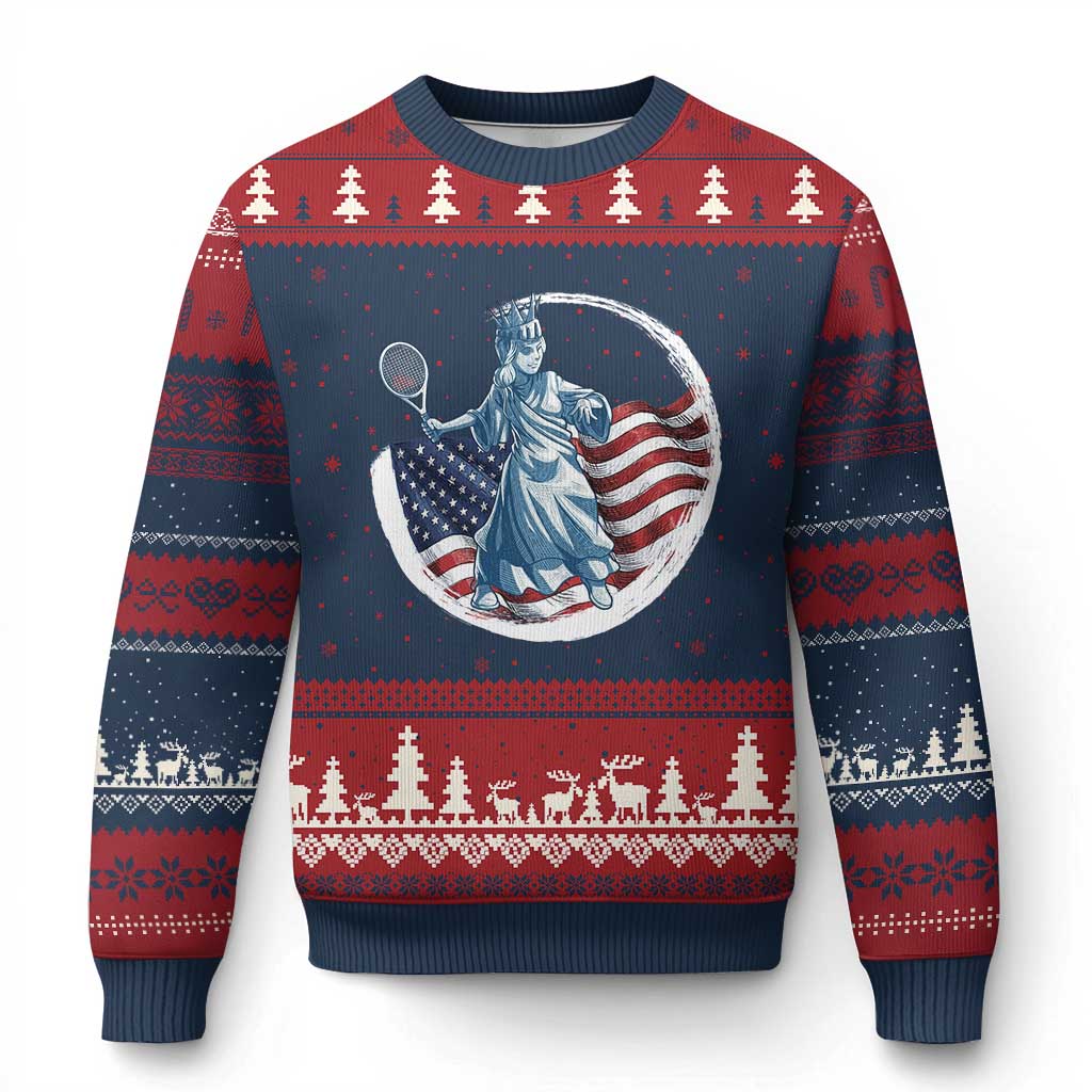Funny Statue Of Liberty Tennis Player Ugly Christmas Sweater USA Pride Female Tennis Gift - Wonder Print Shop