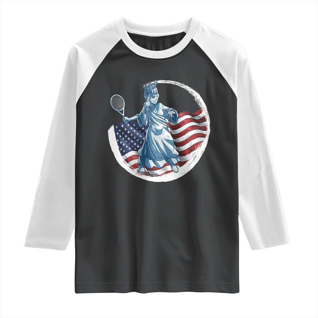 Funny Statue Of Liberty Tennis Player Raglan Shirt USA Pride Female Tennis Gift - Wonder Print Shop