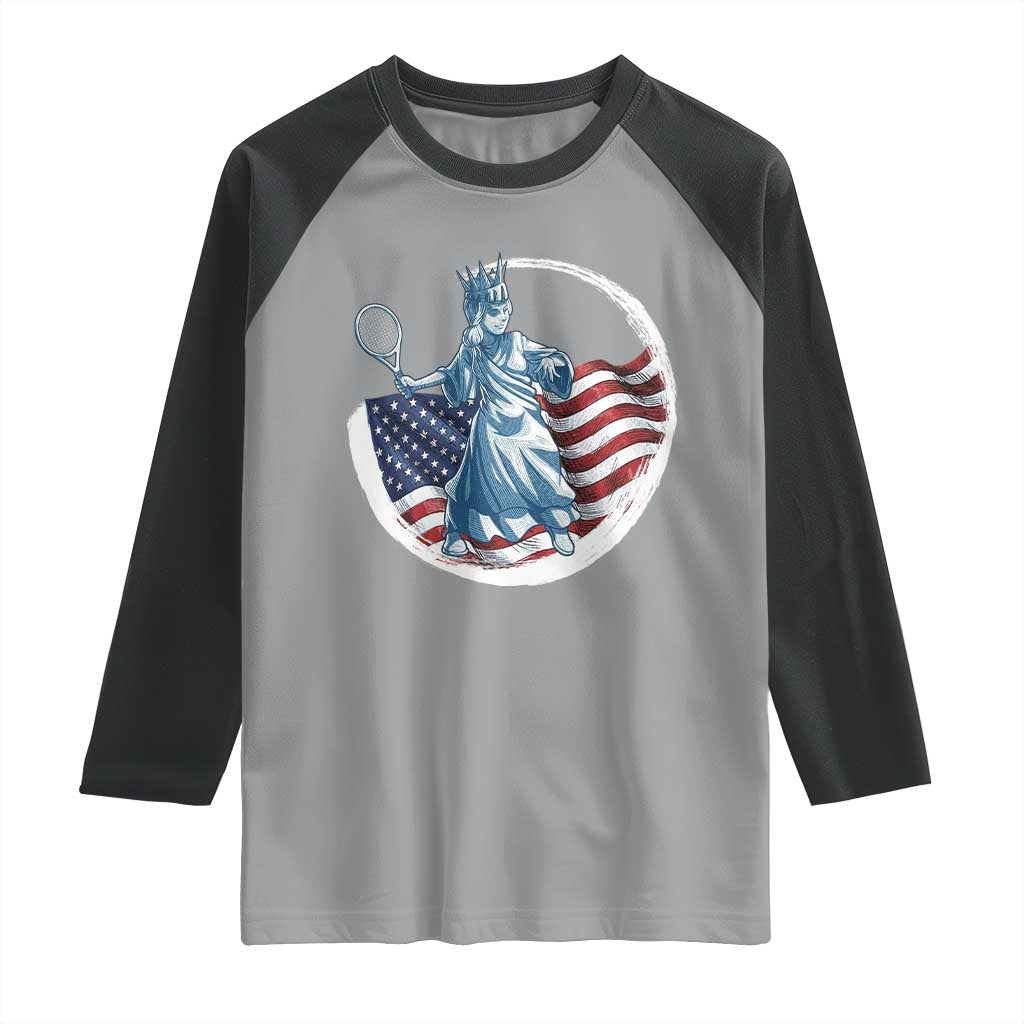 Funny Statue Of Liberty Tennis Player Raglan Shirt USA Pride Female Tennis Gift - Wonder Print Shop