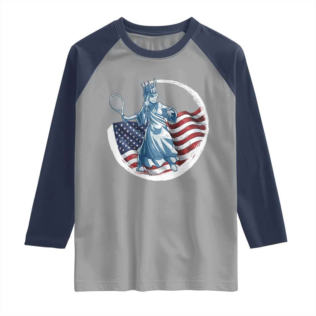 Funny Statue Of Liberty Tennis Player Raglan Shirt USA Pride Female Tennis Gift - Wonder Print Shop