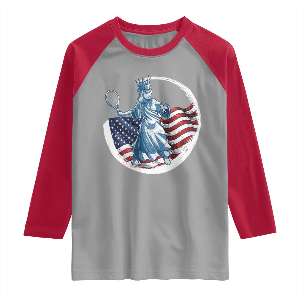Funny Statue Of Liberty Tennis Player Raglan Shirt USA Pride Female Tennis Gift - Wonder Print Shop