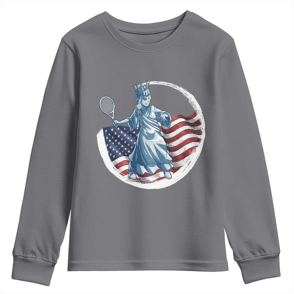 Funny Statue Of Liberty Tennis Player Youth Sweatshirt USA Pride Female Tennis Gift - Wonder Print Shop