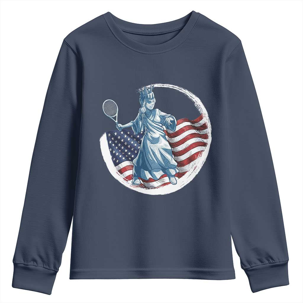 Funny Statue Of Liberty Tennis Player Youth Sweatshirt USA Pride Female Tennis Gift - Wonder Print Shop