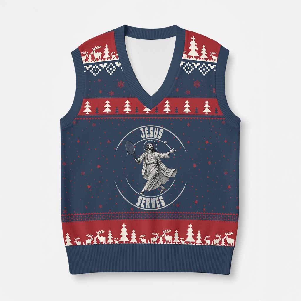 Christian Tennis Funny Gift For Believers V-Neck Knit Sweater Vest Jesus Serves - Wonder Print Shop