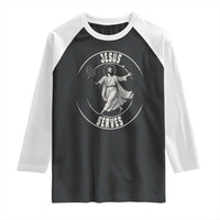 Christian Tennis Funny Gift For Believers Raglan Shirt Jesus Serves - Wonder Print Shop