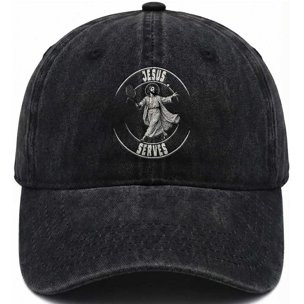 Christian Tennis Funny Gift For Believers Washed Cotton Baseball Cap Jesus Serves