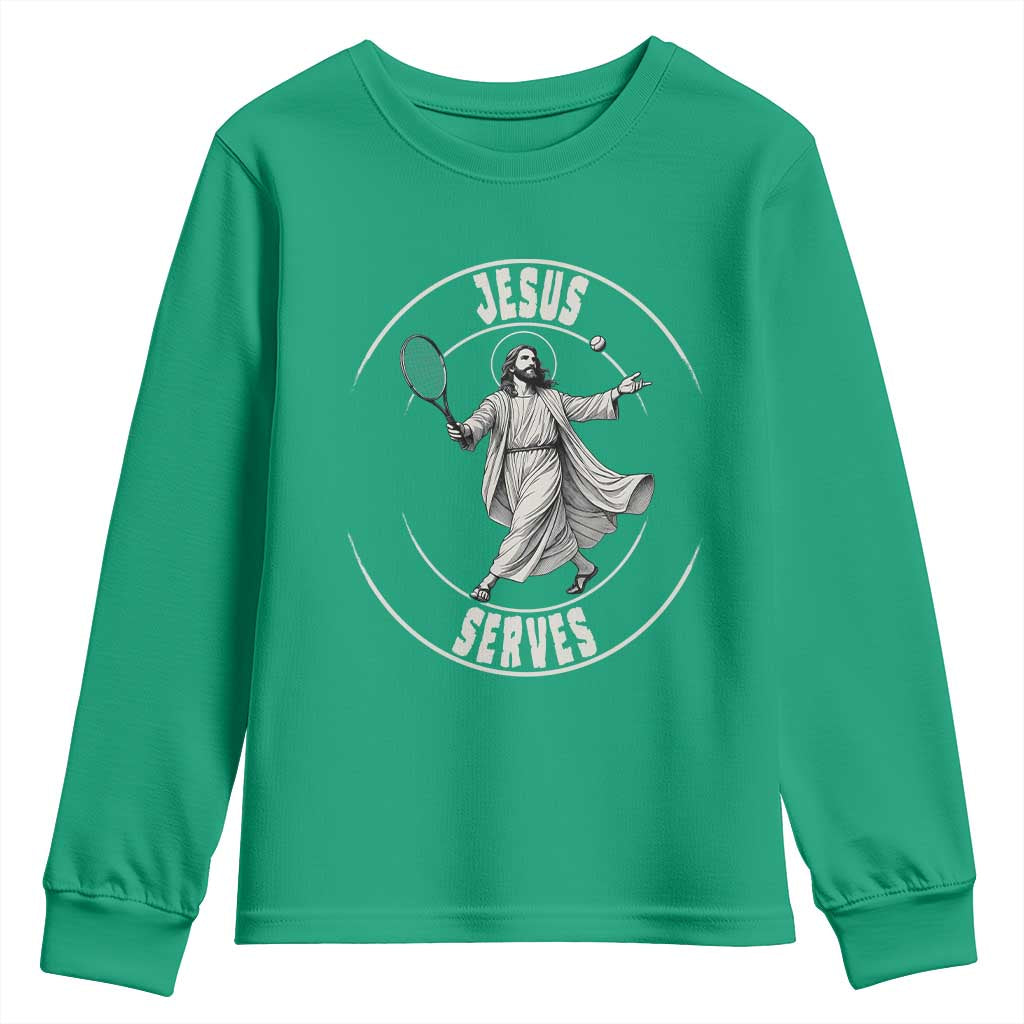 Christian Tennis Funny Gift For Believers Youth Sweatshirt Jesus Serves - Wonder Print Shop