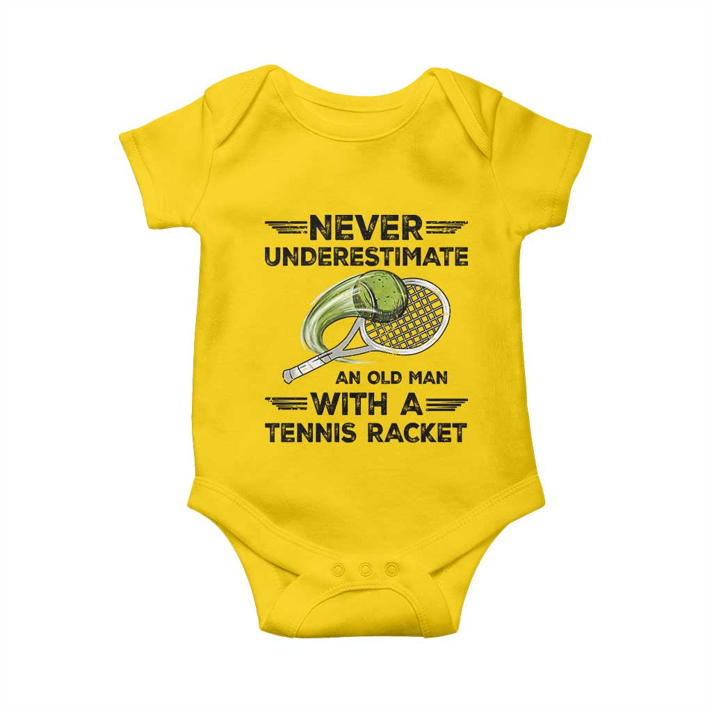 Funny Tennis Quote Baby Onesie Never Underestimate An Old Man With A Tennis Racket - Wonder Print Shop