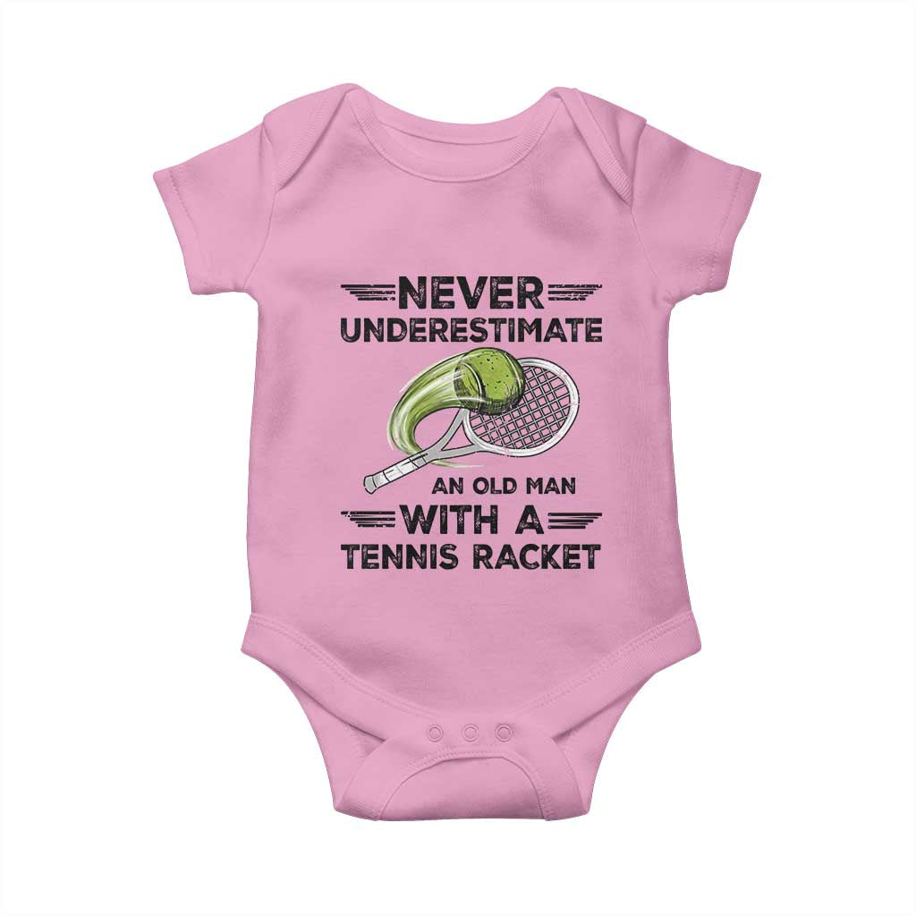 Funny Tennis Quote Baby Onesie Never Underestimate An Old Man With A Tennis Racket - Wonder Print Shop