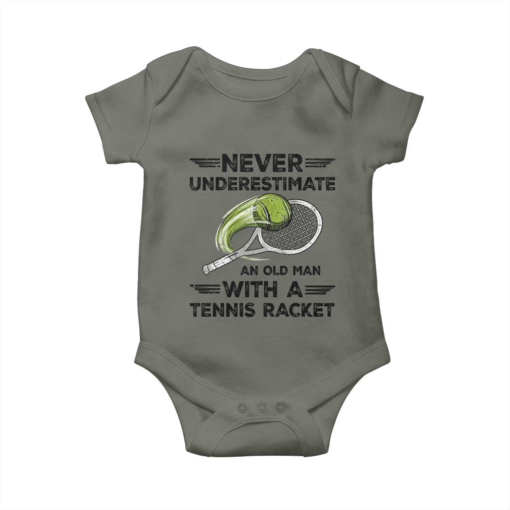 Funny Tennis Quote Baby Onesie Never Underestimate An Old Man With A Tennis Racket - Wonder Print Shop