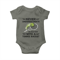 Funny Tennis Quote Baby Onesie Never Underestimate An Old Man With A Tennis Racket - Wonder Print Shop