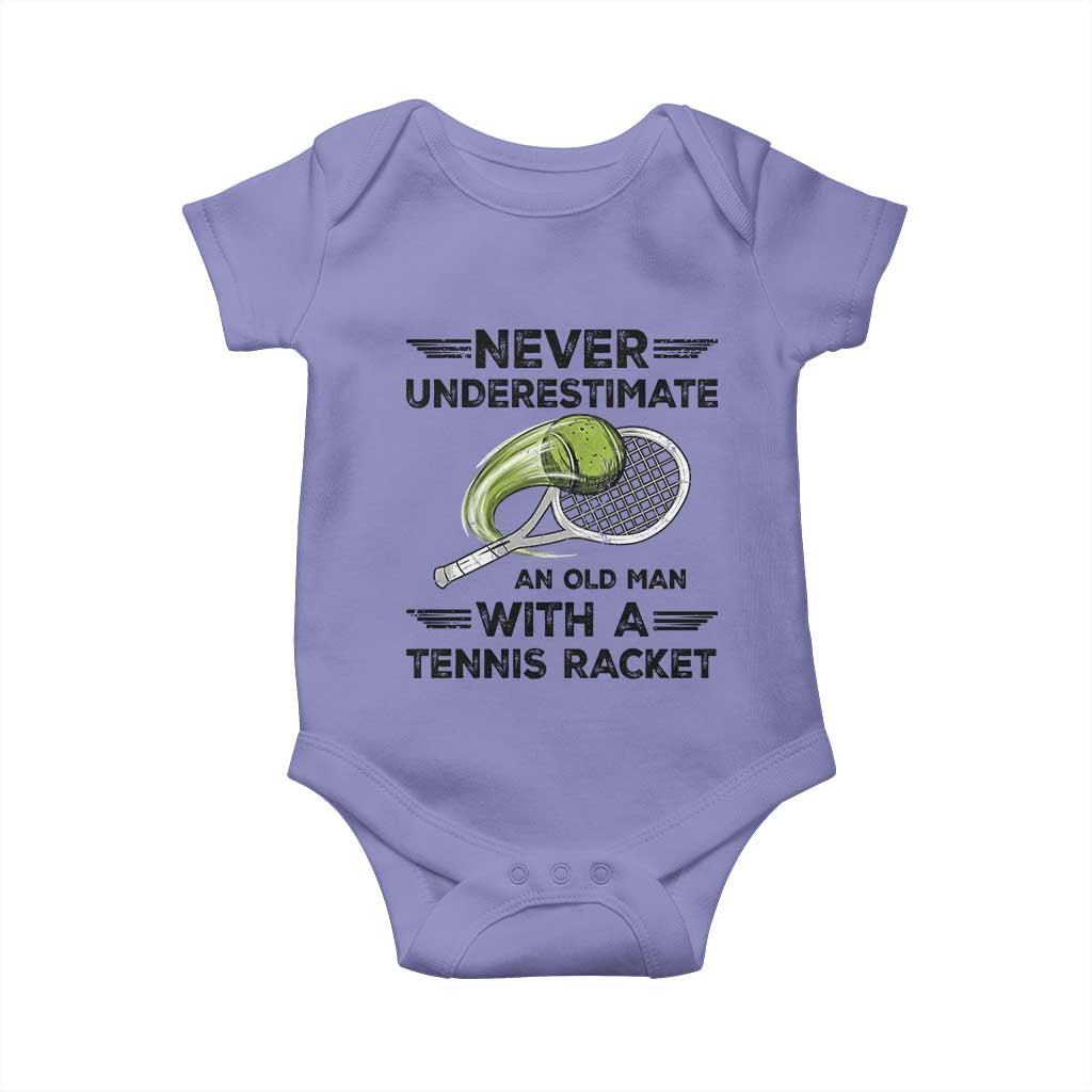 Funny Tennis Quote Baby Onesie Never Underestimate An Old Man With A Tennis Racket - Wonder Print Shop