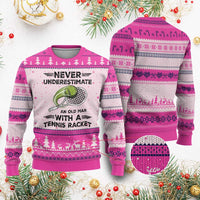Funny Tennis Quote Ugly Christmas Sweater Never Underestimate An Old Man With A Tennis Racket - Wonder Print Shop