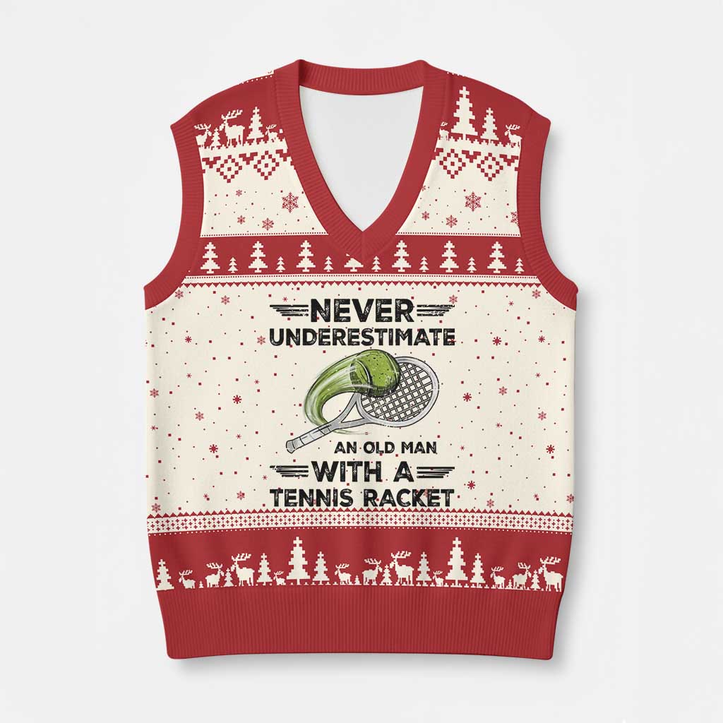 Funny Tennis Quote V-Neck Knit Sweater Vest Never Underestimate An Old Man With A Tennis Racket - Wonder Print Shop