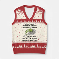 Funny Tennis Quote V-Neck Knit Sweater Vest Never Underestimate An Old Man With A Tennis Racket - Wonder Print Shop