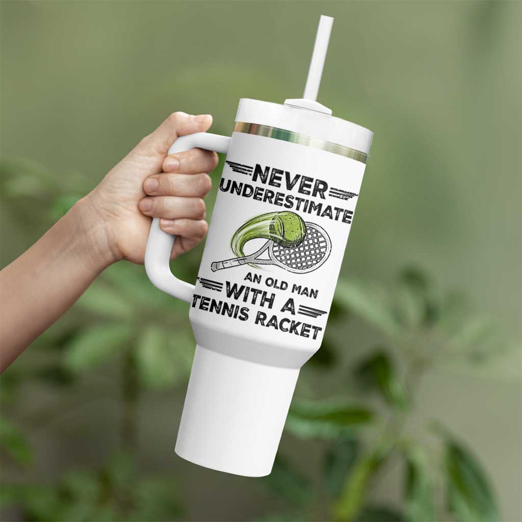 Funny Tennis Quote Tumbler With Handle Never Underestimate An Old Man With A Tennis Racket - Wonder Print Shop