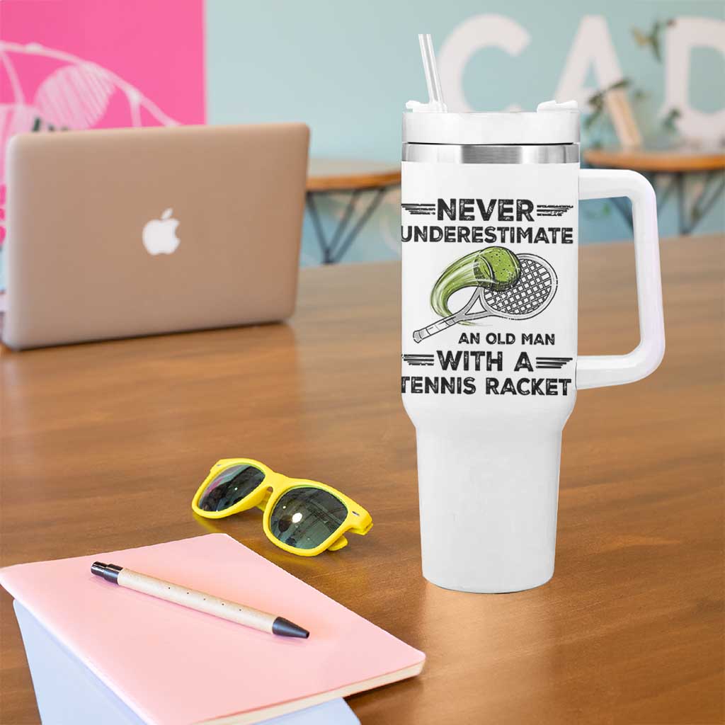 Funny Tennis Quote Tumbler With Handle Never Underestimate An Old Man With A Tennis Racket - Wonder Print Shop